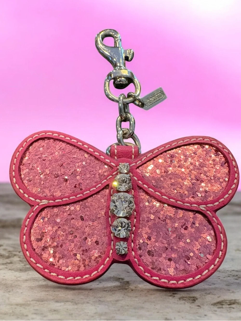**RARE** Coach Pink Leather Glitter Butterfly Keychain Fob Bag Charm.